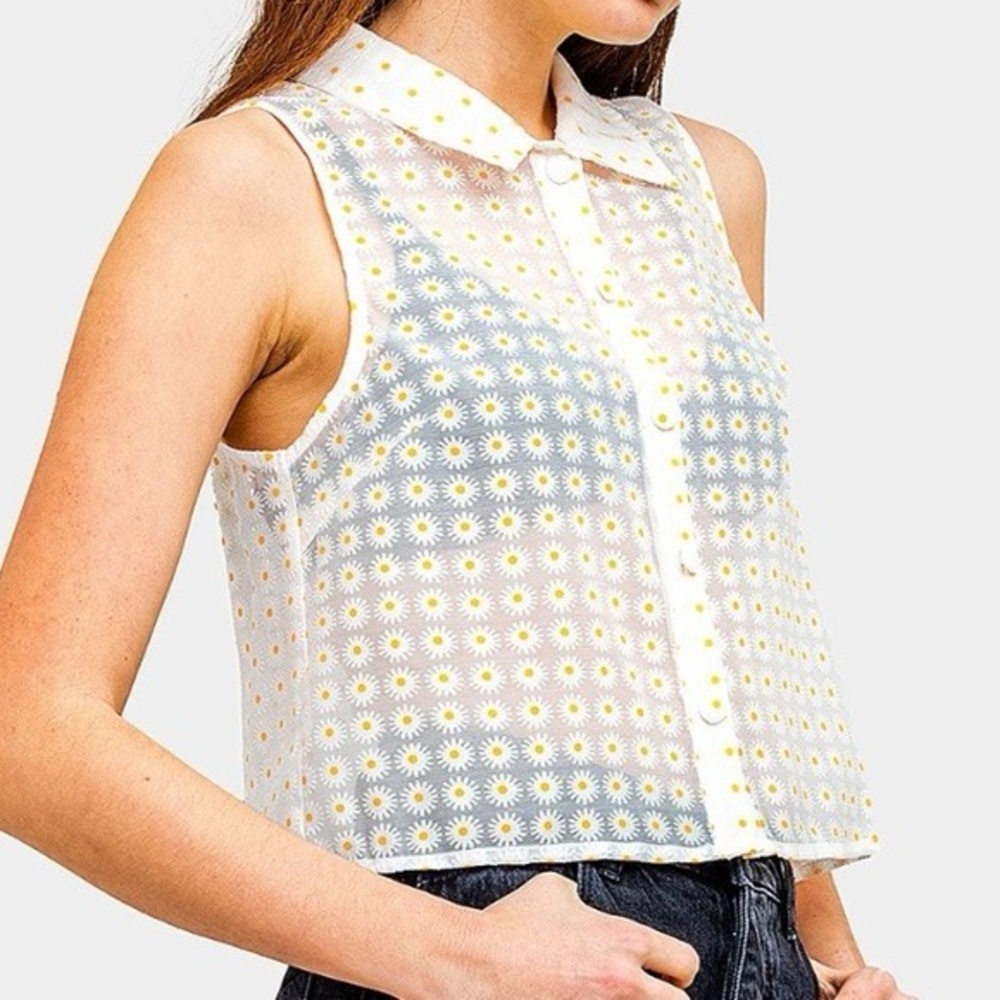 Le Lis White Yellow Daisy Organza Floral Sheer Boho Button Up Cropped Tank Sz M‎